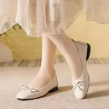 Real soft leather flat-soled single shoes women s 2024 new bow soft sole shallow mouth versatile comfortable Doudou shoes children 35 чёрный