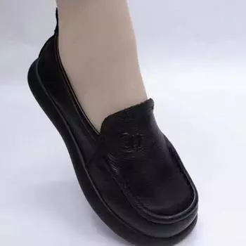 Real soft leather little white women s single shoes Doudou shoes flat-soled mother shoes spring casual shoes four seasons soft sole one pedal leath 35 чёрный