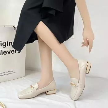 Real soft leather single shoes women s thick heel 2024 autumn new British small leather shoes versatile medium heel one pedal loafers women 36 абрикосовый