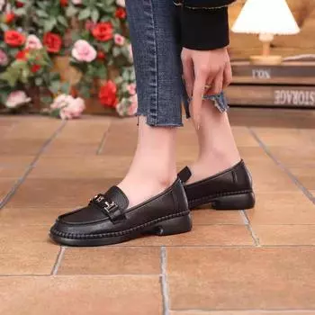 Real soft leather soft sole black small leather shoes women s 2025 spring new flat sole shoes comfortable versatile breathable casual shoes 35 чёрный