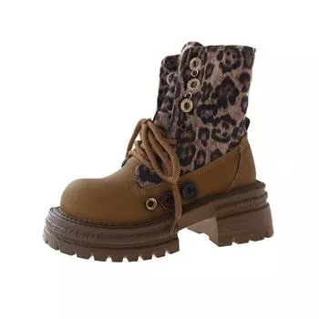 Real soft leather thick-soled Martin boots women s 2025 autumn and winter new leopard print locomotive boots velvet short boots retro slim women s 35