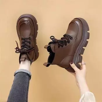 Real soft leather thick-soled velvet autumn and winter Martin boots women s 2024 autumn new British style heightening single boots black short boots 40