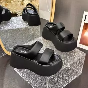 Real soft leather thick-soled women s sandals summer versatile muffin thick-soled and light, small people increase their height with one pedal 35 чёрный