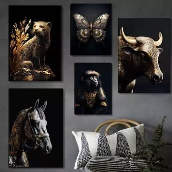 Реалистичные черно-золотые портреты животных, постер, холст, живопись, крутые современные настенные художественные фотографии, гостиная, спальня, домашний декор, без рамки 21*30cm