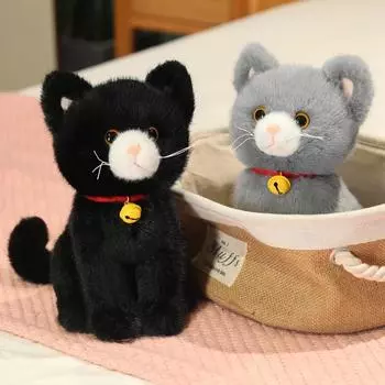 Реалистичные плюшевые кошки, кукла, плюшевый сидящий котенок, плюшевые игрушки для детей, детские куклы, подарок на день рождения для детей, украшение для дома 27cm чёрный