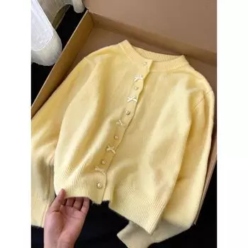 Really Super Beautiful ~ Very Gentle!! Sweet Chic Three-Dimensional Bow Tender Yellow Knit cardigan Women Early Spring Yellow quality version] XL