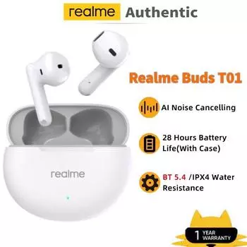 Realme Buds T01 True Wireless Наушники с функцией шумоподавления AI TWS Наушники Bluetooth 5.4 28 часов автономной работы белый