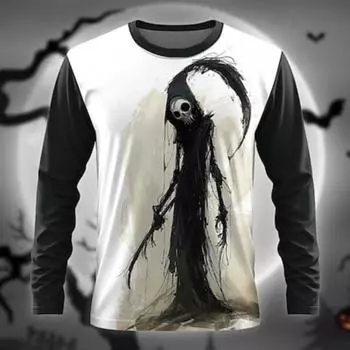 Reaper Designer Ретро Винтаж Мужская футболка с 3D-принтом Футболка Уличная повседневная повседневная футболка на Хэллоуин с длинным рукавом и круглым вырезом Летняя одежда S