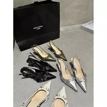 Задние пустые туфли-лодочки женские с маленькой пряжкой на ремешке, остроносые, на тонком каблуке, сандалии на изогнутом каблуке, туфли на высоком каблуке 35 серебряный