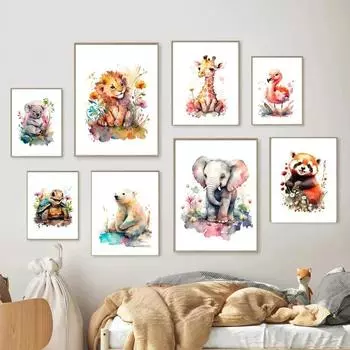 Ребенок Лев Жираф Слон Коала Обезьяна Олень Сафари Детская Печать Настенный Художественный Плакат Картина на Холсте Картина Животного Декор Детской Комнаты 21x30cm No Framed