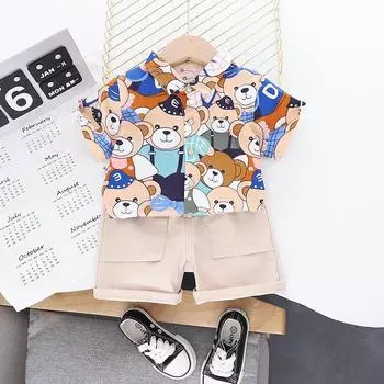 ребенок Мальчик-мальчик Девочка-младенец маленький медведь мультфильм узор блузка милый карман шорты Карманная рубашка 3-4 Years синий