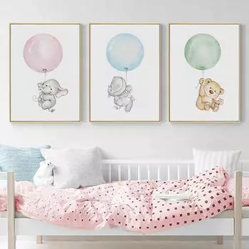 Ребенок Слон Бегемот Медведь Холст Картина Воздушные Шары Плакаты Детская Настенная Художественная печать Плакат Скандинавские Настенные Панно Декор Детской Комнаты 21*30cm