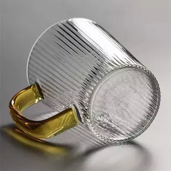 Ребристая стеклянная чашка для питья сока, воды с ручкой, боросиликатная термостойкая чашка в вертикальную полоску, стакан для кофе, стакан для виски 300ml With Handle(1Pcs)