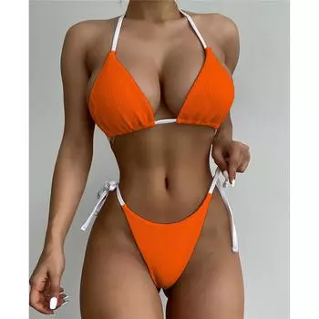 Ребристый бретелька через шею бразильский скрепляющий ягодицы бикини женский купальник женский купальник из двух частей комплект бикини купальный костюм купальный костюм S розовый