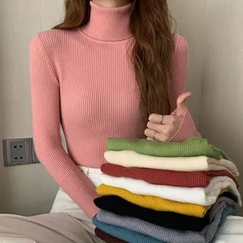 Ребристый пуловер, женский свитер, джемпер, зимняя тонкая водолазка, вязаные свитера, женский мягкий теплый трикотаж с длинными рукавами, свитер one size