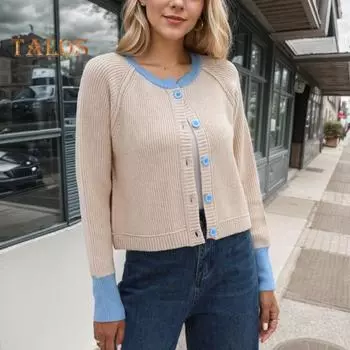 Ребристый свитер, пальто, женский вязаный кардиган с цветными блоками, свитер на пуговицах с круглым вырезом и длинным рукавом, повседневные вязаные топы S абрикосовый