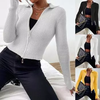 Ребристый вязаный кардиган с двойной молнией, женский укороченный кардиган, плотный сексуальный свитер с лацканами и длинными рукавами, осенне-зимний свитер, топ S синий