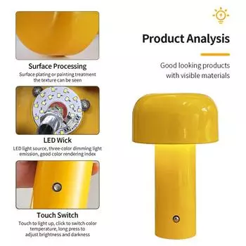 Rechargeable Mushroom Table Lamp Touch Switch Dimmable 3 Colors Desk Lamp Living Room Bedroom Bedside Restaurant Ambient Light белый