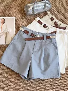Recommended Belted High-Waisted Cotton Shorts - Slimming, Versatile, Wide-Leg, Casual Biker Style for Summer XL
