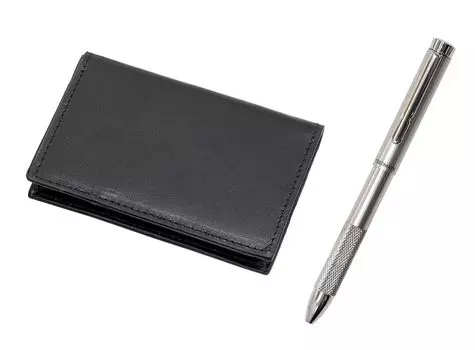 Recycled Cowhide Business Card Rotating Notch Grip Ballpoint Pen Set 4-Pocket Holder, All-Metal 2-Color T23-LS030B-2CMM