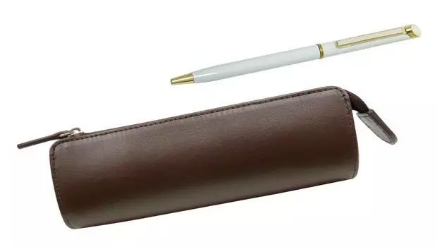Recycled Cowhide Leather Pen Traditional Standard with Epoxy Rotating Ballpoint Pen Case, Brown, Set, White, T23-LS028C-WD002-W белый