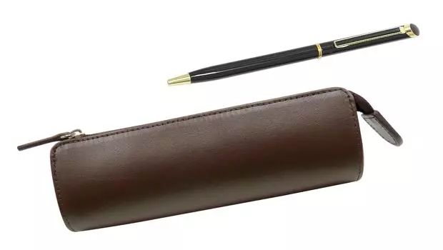 Recycled Cowhide Leather Pen Traditional Standard with Epoxy Rotating Ballpoint Pen Case, Brown, Set, Black, T23-LS028C-WD002-B чёрный