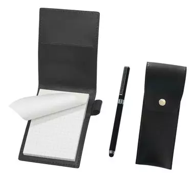 Recycled cowhide mini notebook cover black with round button pen case black smartphone touch metal cap ballpoint pen extra set black