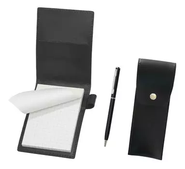 Recycled cowhide mini notebook cover black with round button pen case black slim rotary ballpoint pen set black LS022PB-BRSB-PD04-B