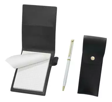 Recycled cowhide mini notebook cover black with round button pen case black Epoxy rotating ballpoint pen set white LS022PB-BRSB-WD002-W