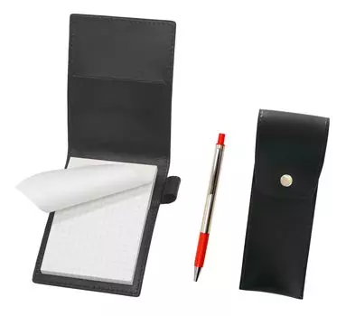 Recycled cowhide mini notebook cover black with round button pen case black FB325 aluminum straight knock ballpoint pen set red LS022PB-BRSB-FB325-R