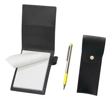 Recycled cowhide mini notebook cover black with round button pen case black FB325 aluminum straight knock ballpoint pen set yellow
