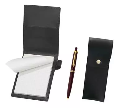 Recycled cowhide mini notebook cover black with round button pen case black Euro style brass parts knock type ballpoint pen set red LS022PB-BRSB-NXB-R