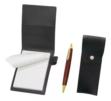 Recycled cowhide mini notebook cover black with round button pen case black wood shaft retro ballpoint pen set LS022PB-BRSB-HS48S
