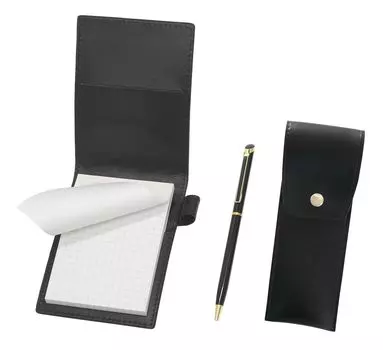 Recycled cowhide mini notebook cover black with round button pen case black Epoxy rotating ballpoint pen set black LS022PB-BRSB-WD002-B
