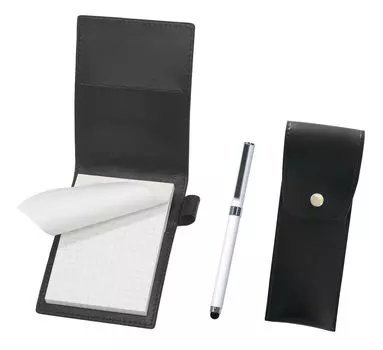 Recycled cowhide mini notebook cover black with round button pen case black smartphone touch metal cap ballpoint pen extra set white