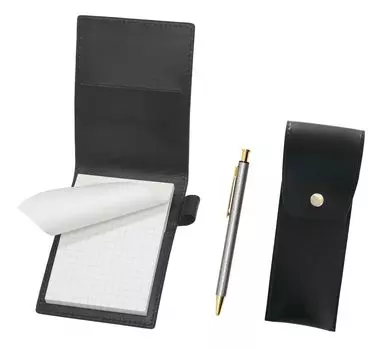 Recycled cowhide mini notebook cover black with round button pen case black NQ26 All metal lizard painting Knock type ballpoint pen set Gray серый