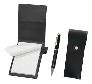 Recycled cowhide mini notebook cover black with round button pen case black carbon fiber rotating ballpoint pen set LS022PB-BRSB-PD01