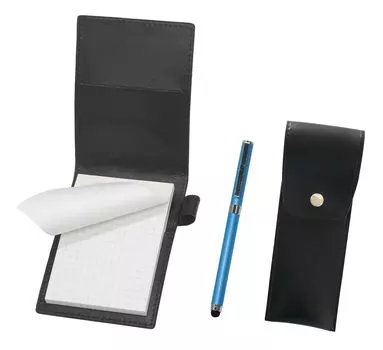 Recycled cowhide mini notebook cover black with round button pen case black smartphone touch metal cap ballpoint pen extra set blue