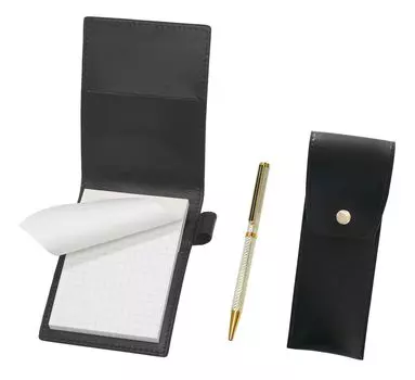 Recycled cowhide mini notebook cover black with round button pen case black brass hexagonal rotating ballpoint pen set silver LS022PB-BRSB-6KSBP-S