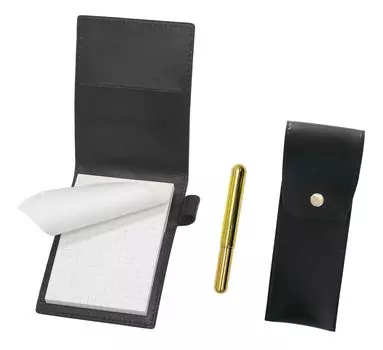 Recycled cowhide mini notebook cover black with round button pen case black solid brass screw cap bullet ballpoint pen set LS022PB-BRSB-EGS2023