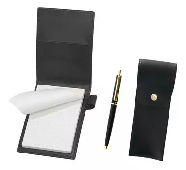Recycled cowhide mini notebook cover black with round button pen case black AP300 1965 reprint knock type metal clip ballpoint pen set black
