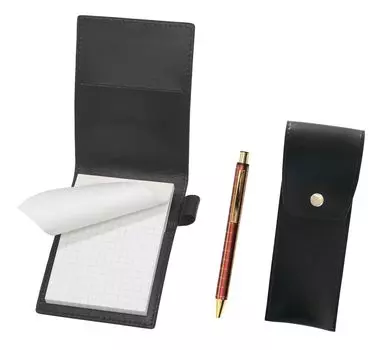 Recycled cowhide mini notebook cover black with round button pen case black NQ30K thick shaft metal straight knock double anodized lattice ballpoint