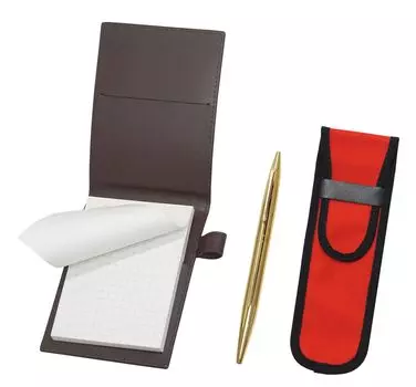 Recycled cowhide mini notebook cover brown with cloth pencil case red elegant gold rotating ballpoint pen set LS022PC-NK02R-DS2