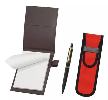 Recycled cowhide mini notebook cover brown with cloth pencil case red Euro style brass parts knock type mechanical pencil set black