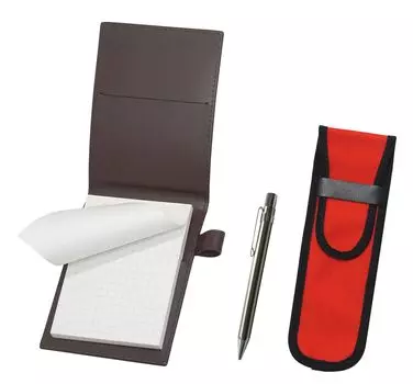 Recycled cowhide mini notebook cover brown with cloth pencil case red all metal mechanical pencil LS022PC-NK02R-9984SP