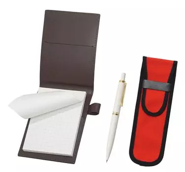 Recycled cowhide mini notebook cover brown with cloth pencil case red Euro style brass parts knock type mechanical pencil set white