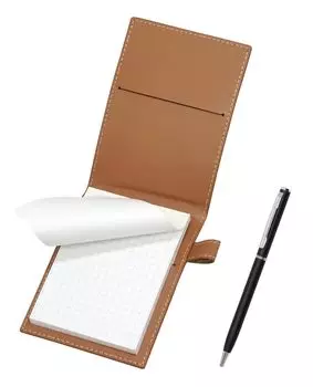 Recycled Cowhide Mini Notebook Cover in Mocha with Slim Rotating Ballpoint Pen Black Set, (T23-LS022P-M-PD04-B) чёрный