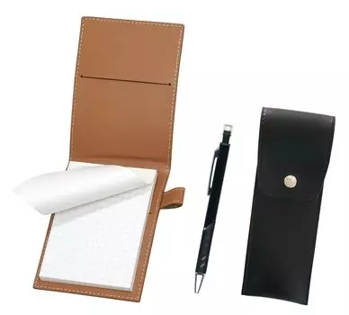 Recycled Cowhide Mini Notebook Cover Mocha Round Button Pencil Case with Black Metal Color Mechanical Pencil Black LS022PM-BRSB-SI2067SP-B