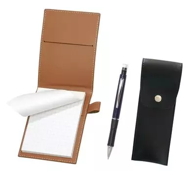 Recycled Cowhide Mini Notebook Cover Mocha Round Button Pencil Case with Black Metal Point Mechanical Pencil Blue LS022PM-BRSB-WZ13SP-L