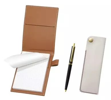Recycled cowhide mini notebook cover Mocha side hook pen case with white AP300 1965 reprint knock type metal clip ballpoint pen set black